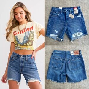 Levi’s 501 mid thigh distressed high rise long jean denim shorts jorts 29
